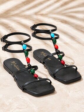 Matisse Veron Black Leather Beaded Ankle Strap Gladiator Sandals Flats 8 NIB